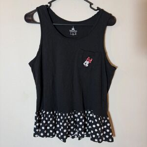 Disney Parks Minnie Mouse‎ Tank Top Black Polka Dot Ruffle Hem Size Large